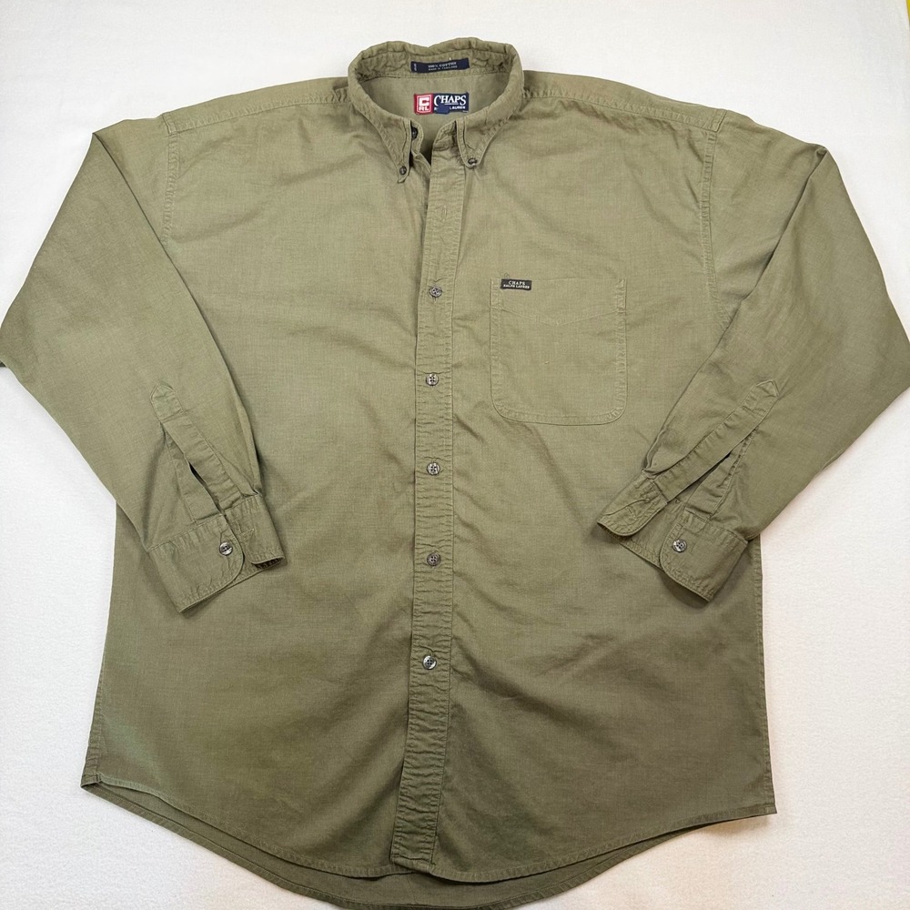 Chaps Ralph Lauren Mens Large Olive Green Cotton Long Sleeve Button Down Shirt